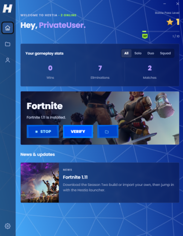 Hestia’s blue Windows launcher showing gameplay stats, Fortnite installation controls, and news