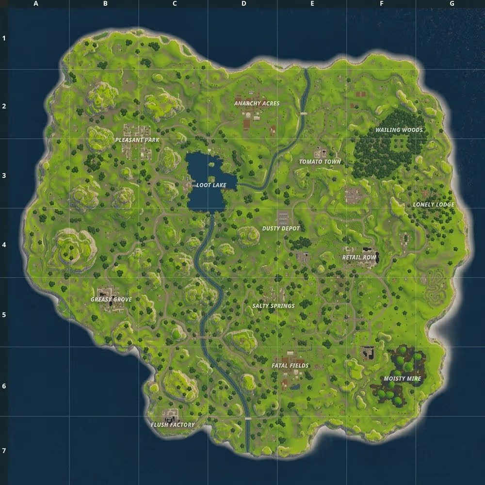 The original Fortnite island map, including Pleasant Park, Loot Lake, Dusty Depot, and Retail Row